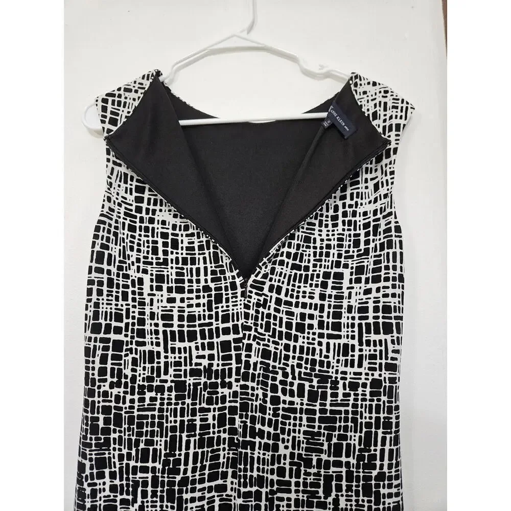 Anne Klein Faux Twist Front Dress Sz 12 Large Black/White Geometric Sleeveless